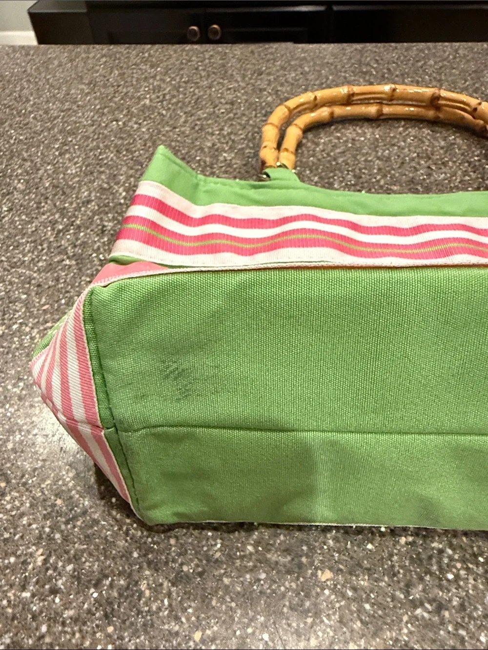 Striped Pink and Green Ribbon Clutch Bag with Bamboo Handles